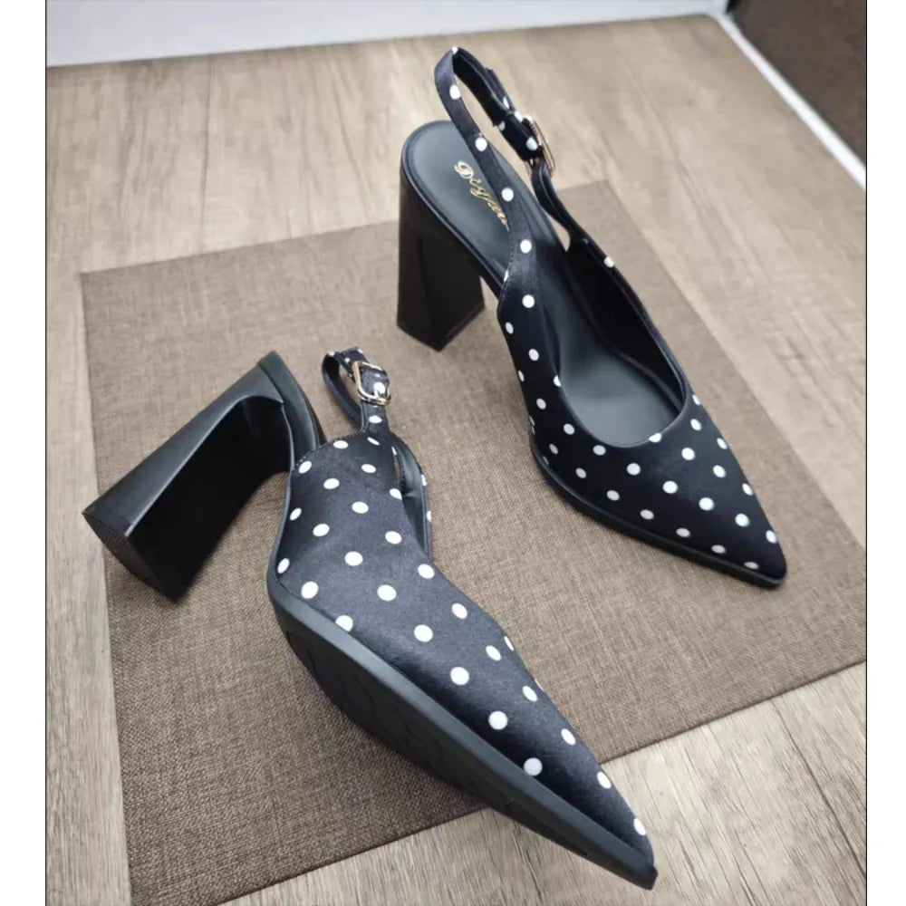 Women Sandals French Retro Polka Dot Knotted Sandals for Women Thick Heel Black Fashionable Versatile Pointed High Heels Pumps