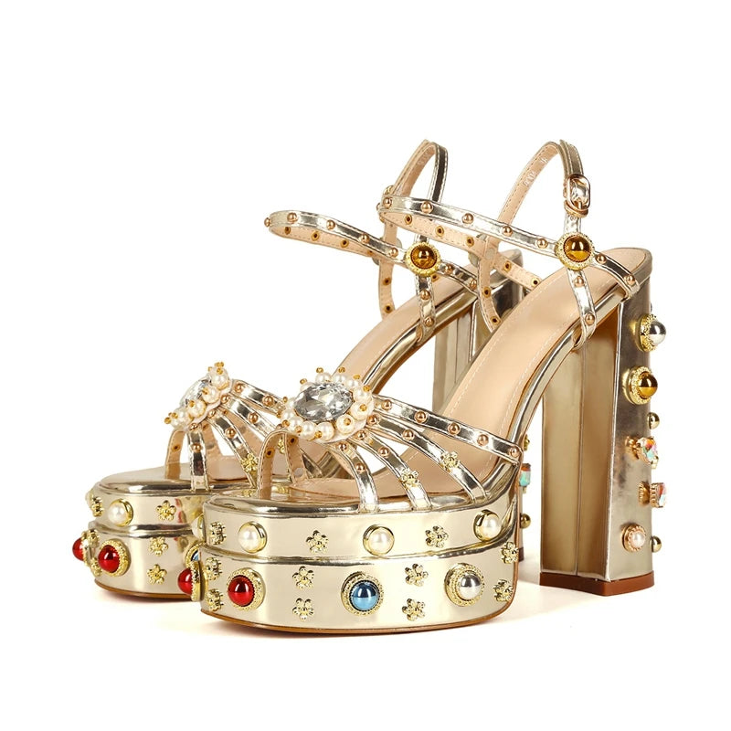 Women's New Summer Sandals Waterproof Platform Thick Bottom Water Diamond Pearl Rivet Flower Satin Open Toe High Heel Large
