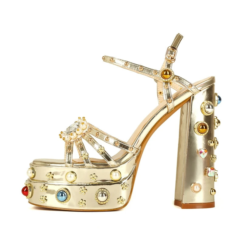 Women's New Summer Sandals Waterproof Platform Thick Bottom Water Diamond Pearl Rivet Flower Satin Open Toe High Heel Large