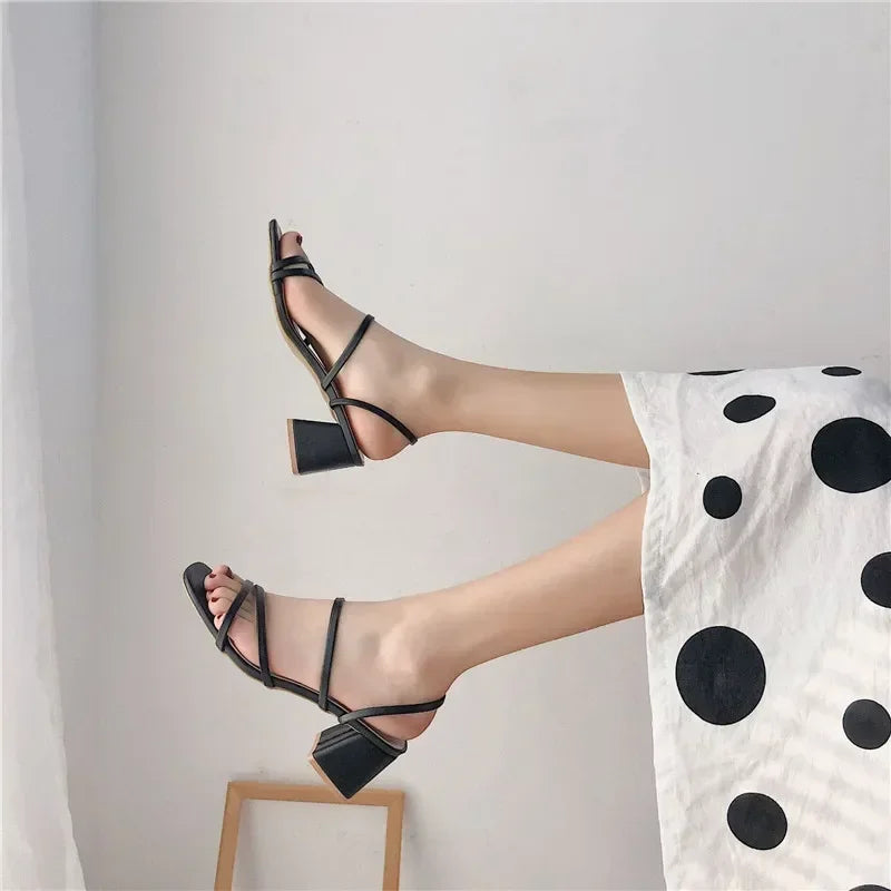 Women Sandals Ladies Square Heels Elegant Summer Slippers Outside Cross Tied Leather Female Slides 2024 Fashion Woman Sandals
