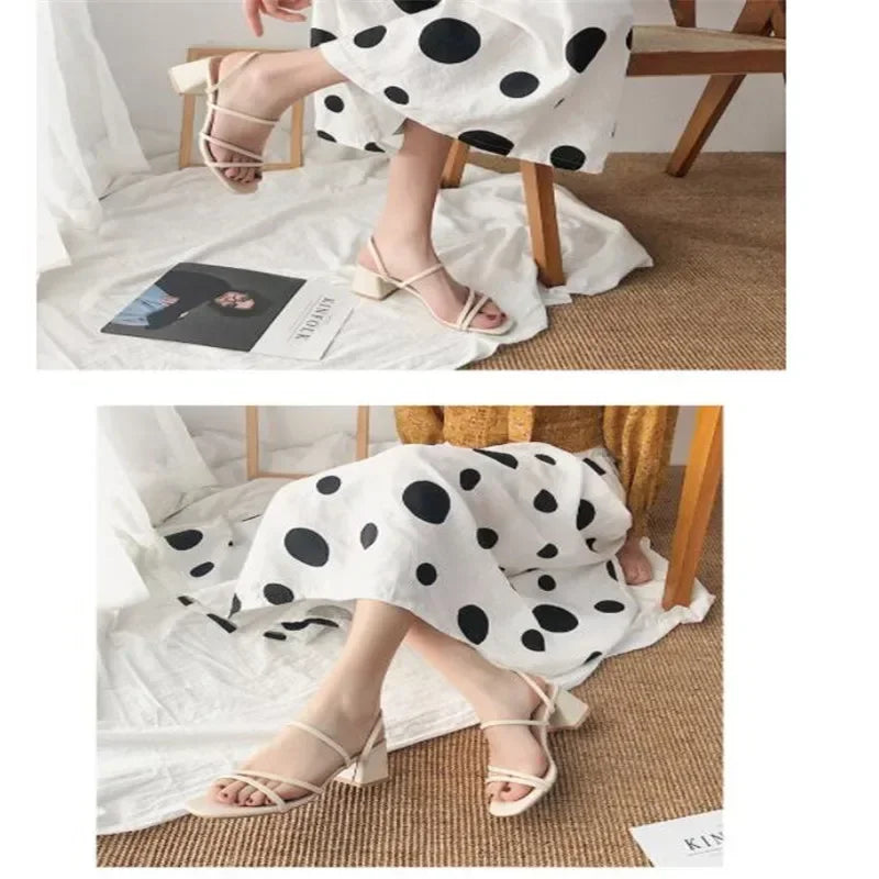 Women Sandals Ladies Square Heels Elegant Summer Slippers Outside Cross Tied Leather Female Slides 2024 Fashion Woman Sandals