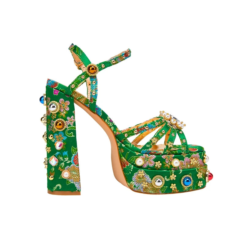 Women's New Summer Sandals Waterproof Platform Thick Bottom Water Diamond Pearl Rivet Flower Satin Open Toe High Heel Large