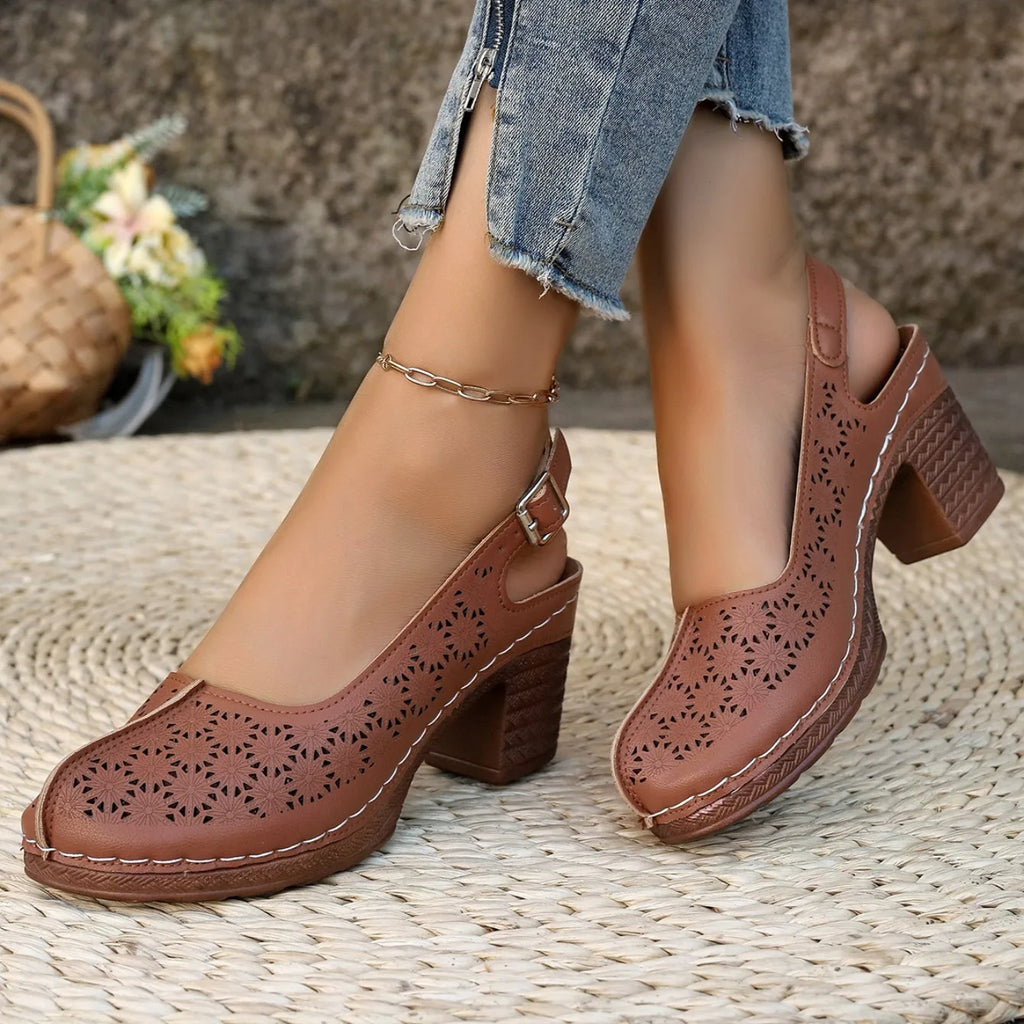 Women Sandals Retro Comfortable New Summer Shoes for Women Thick Heeled Fish Mouth Middle Heeled Fashion Hollow Sandals Women