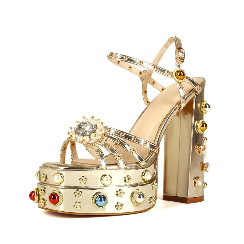 Women's New Summer Sandals Waterproof Platform Thick Bottom Water Diamond Pearl Rivet Flower Satin Open Toe High Heel Large