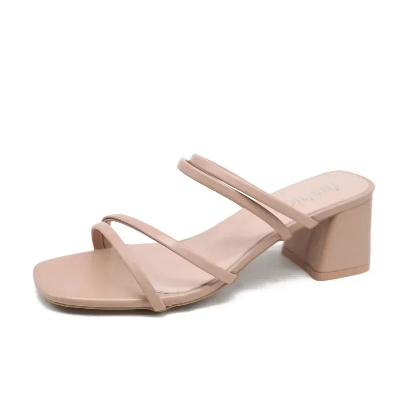 Women Sandals Ladies Square Heels Elegant Summer Slippers Outside Cross Tied Leather Female Slides 2024 Fashion Woman Sandals