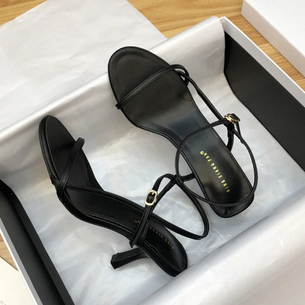 Sandals for Women 2026 Summer New Versatile Slim Heel High-heeled Shoes with A Single Buckle and Exposed Toe Black Sandals Woman