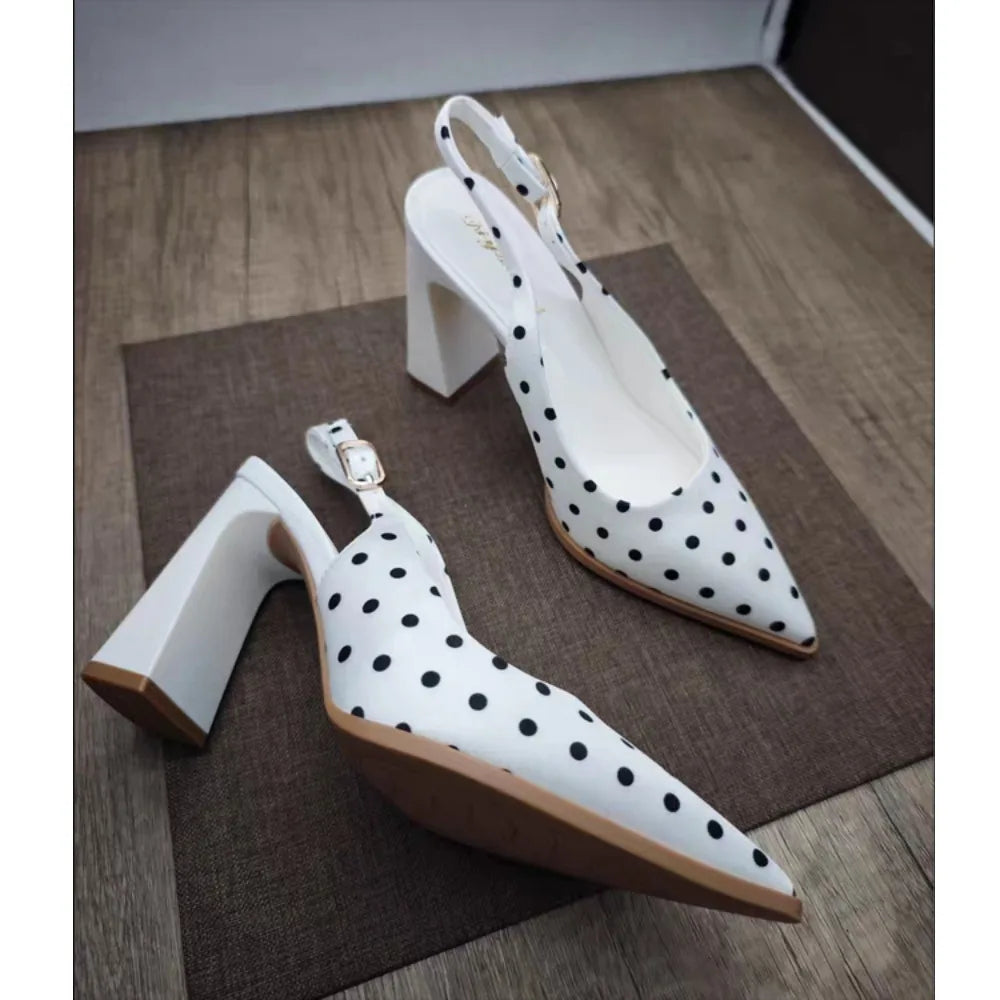 Women Sandals French Retro Polka Dot Knotted Sandals for Women Thick Heel Black Fashionable Versatile Pointed High Heels Pumps