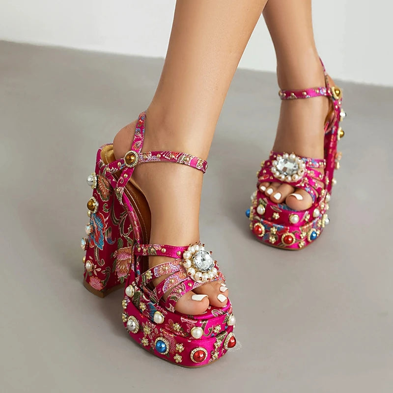 Women's New Summer Sandals Waterproof Platform Thick Bottom Water Diamond Pearl Rivet Flower Satin Open Toe High Heel Large