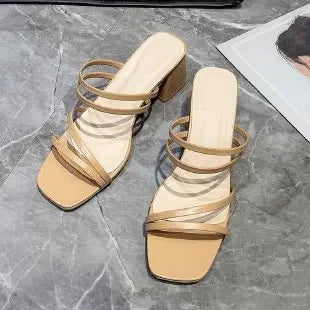 Women Sandals Ladies Square Heels Elegant Summer Slippers Outside Cross Tied Leather Female Slides 2024 Fashion Woman Sandals