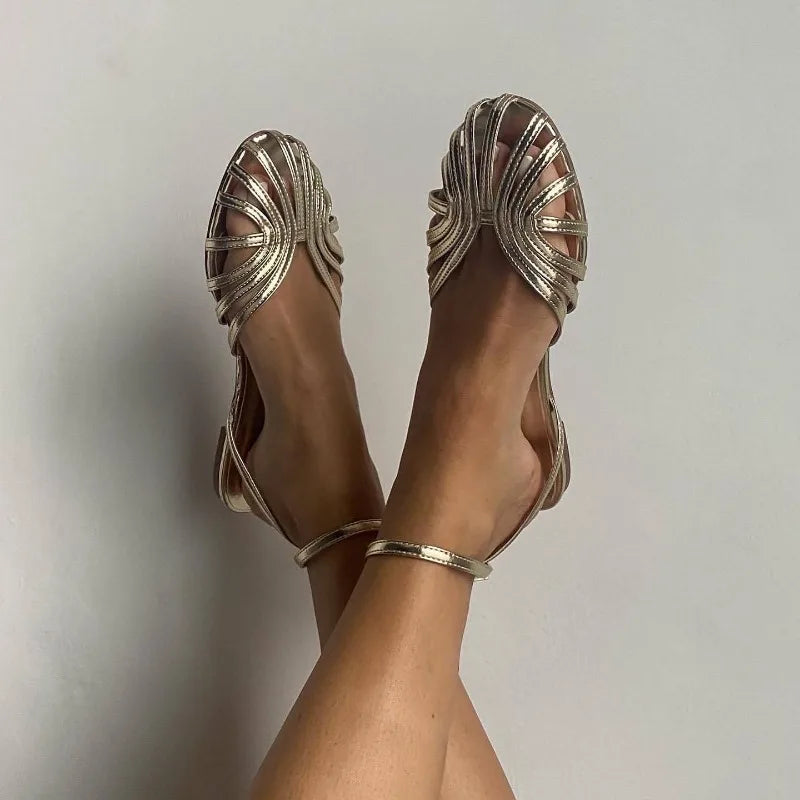 Sandals for Women Summer 2025 Flat Sandals Fish Mouth Ankle Buckle Hollowed Out Women Roman Sandals Plus Size 42 43 Ladies Shoes