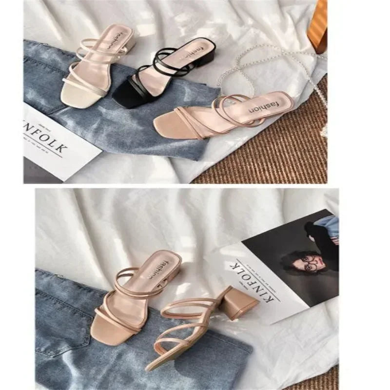 Women Sandals Ladies Square Heels Elegant Summer Slippers Outside Cross Tied Leather Female Slides 2024 Fashion Woman Sandals