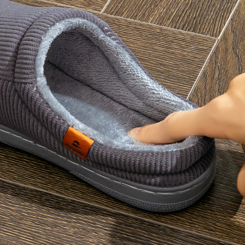 Warm Slippers for Men TPR Sole Memory Foam Soft Cushion Non Slip Stripe Design Comfortable Corduroy House Shoes