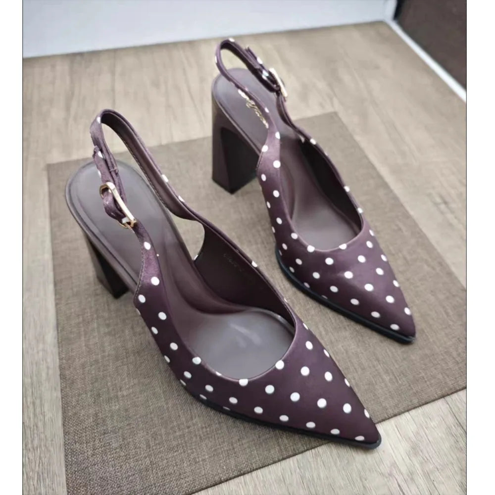 Women Sandals French Retro Polka Dot Knotted Sandals for Women Thick Heel Black Fashionable Versatile Pointed High Heels Pumps