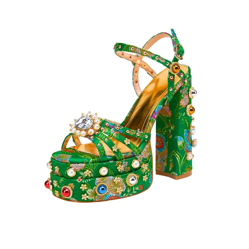 Women's New Summer Sandals Waterproof Platform Thick Bottom Water Diamond Pearl Rivet Flower Satin Open Toe High Heel Large