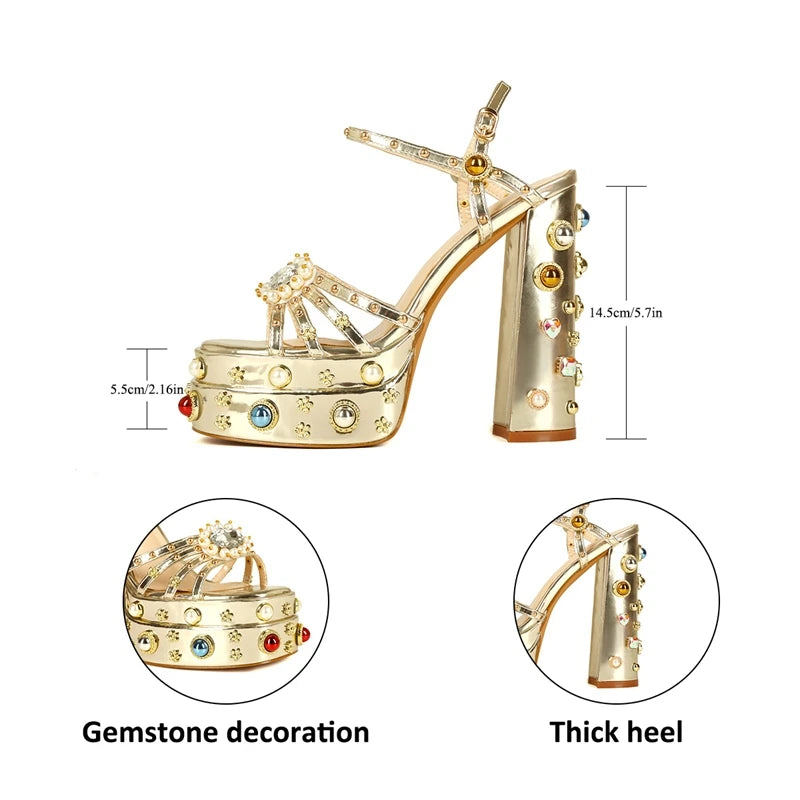 Women's New Summer Sandals Waterproof Platform Thick Bottom Water Diamond Pearl Rivet Flower Satin Open Toe High Heel Large