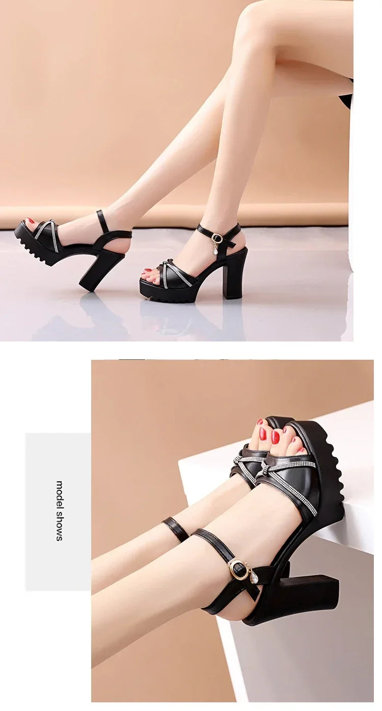 Sandals for Women Summer 2025 Block Heel Ladies Shoes Wedge with Platform Waterproof Footwear Chunky Super-high Beige