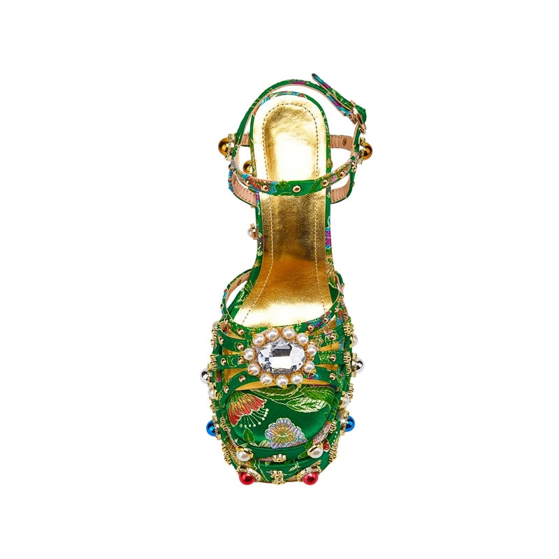 Women's New Summer Sandals Waterproof Platform Thick Bottom Water Diamond Pearl Rivet Flower Satin Open Toe High Heel Large