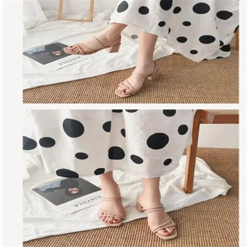 Women Sandals Ladies Square Heels Elegant Summer Slippers Outside Cross Tied Leather Female Slides 2024 Fashion Woman Sandals