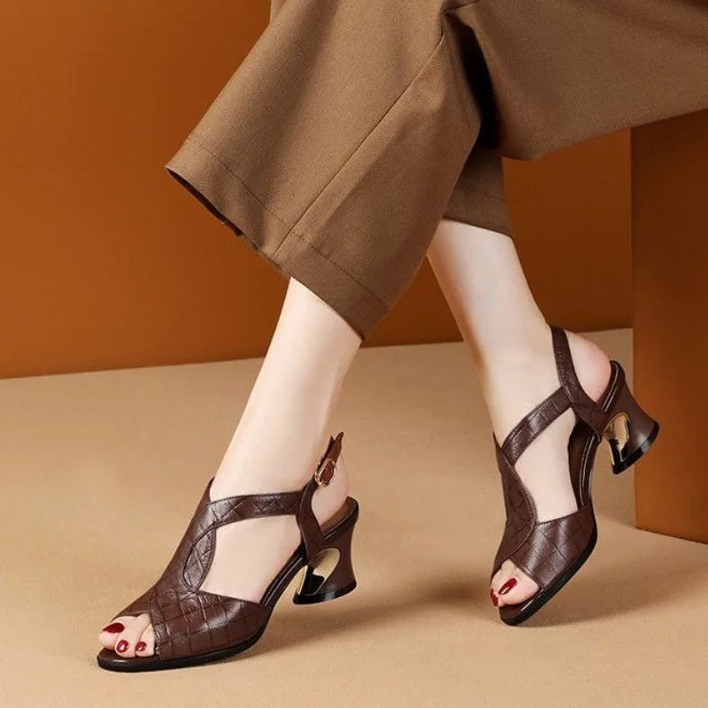 Sandals Women Fish Mouth 2025 Summer New All-match Medium-heeled Thick-heeled Women's Shoes with Soft Bottom and Back Straps