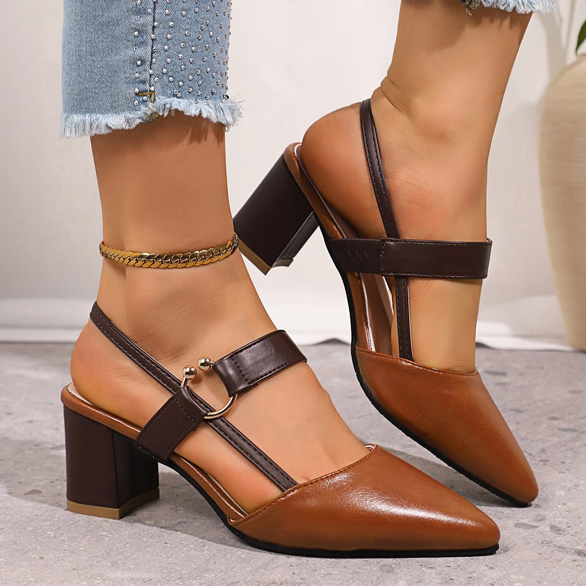 Women Sandals Fashion Solid Color Slingback Shoes Women Outdoor Designer Shoes Pointed Toe High Heels Sandals Zapatos De Mujer