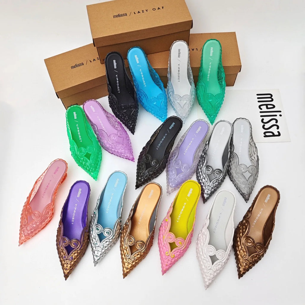 Women Sandals 2025 Spring Melissa Woman Slingback Shoes Fashion Ladies High Heels Elegant Med Heel Pointed Toe Slip on Sandal