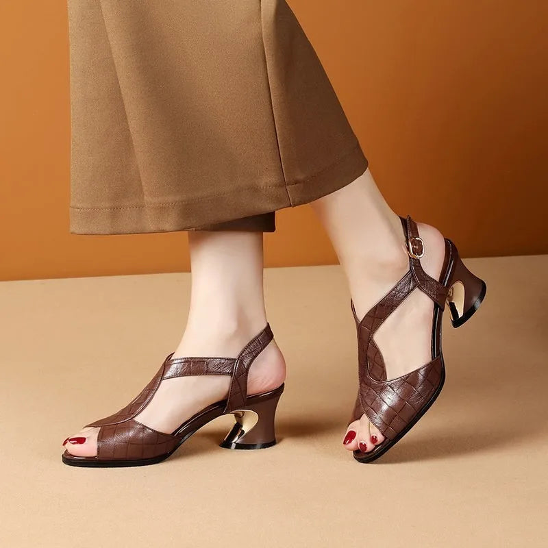 Sandals Women Fish Mouth 2025 Summer New All-match Medium-heeled Thick-heeled Women's Shoes with Soft Bottom and Back Straps