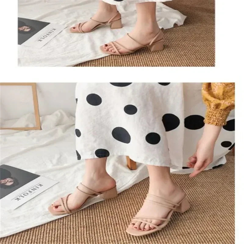 Women Sandals Ladies Square Heels Elegant Summer Slippers Outside Cross Tied Leather Female Slides 2024 Fashion Woman Sandals