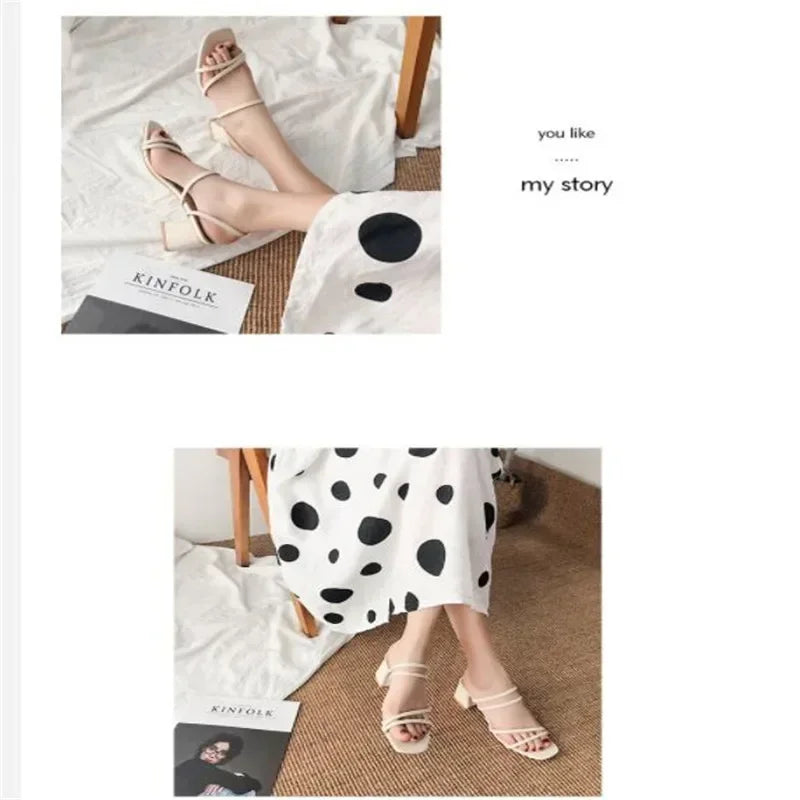 Women Sandals Ladies Square Heels Elegant Summer Slippers Outside Cross Tied Leather Female Slides 2024 Fashion Woman Sandals