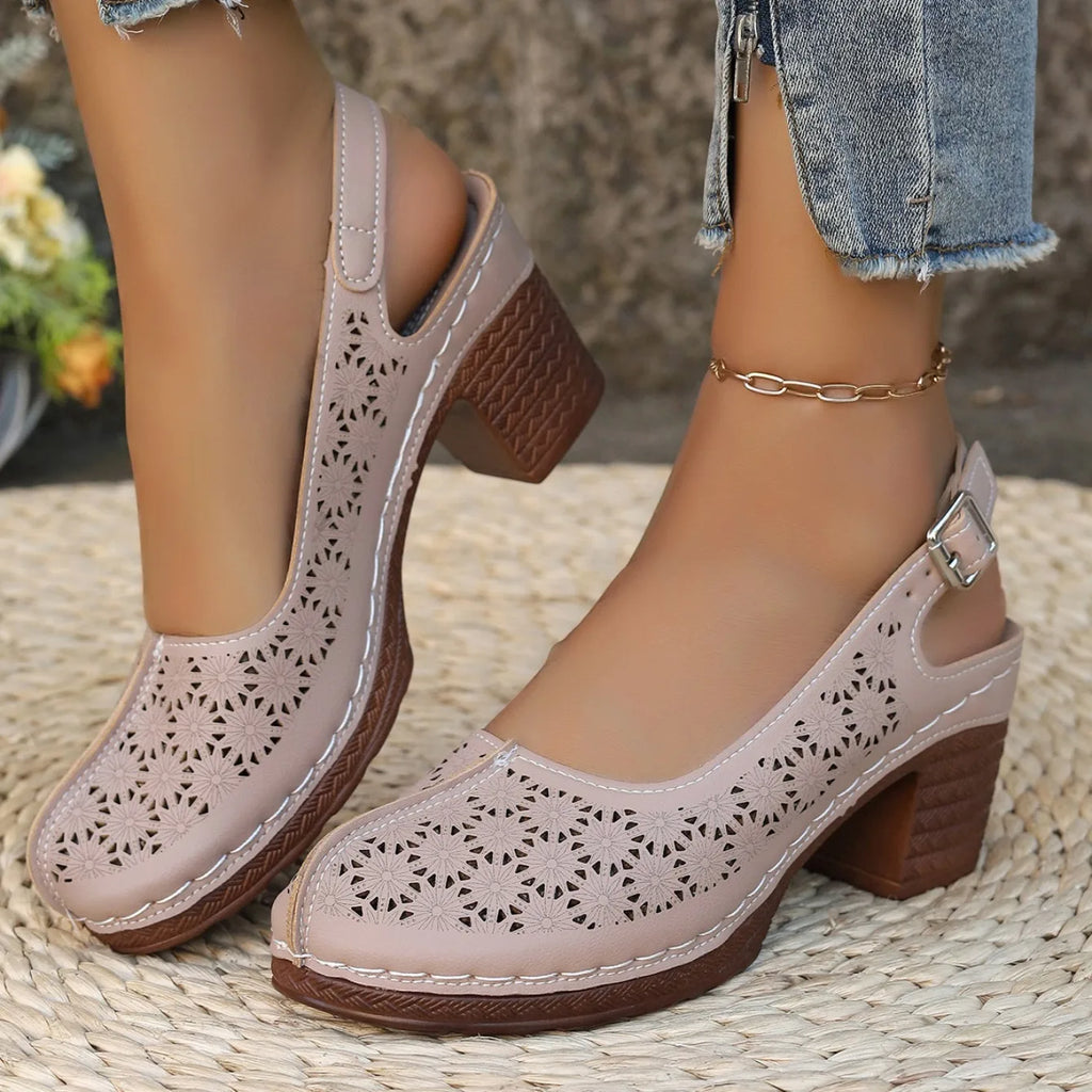 Women Sandals Retro Comfortable New Summer Shoes for Women Thick Heeled Fish Mouth Middle Heeled Fashion Hollow Sandals Women