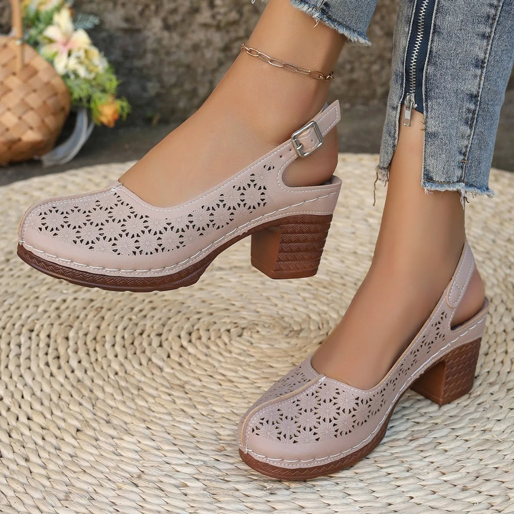 Women Sandals Retro Comfortable New Summer Shoes for Women Thick Heeled Fish Mouth Middle Heeled Fashion Hollow Sandals Women