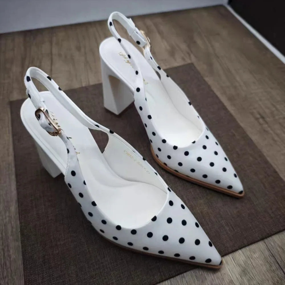 Women Sandals French Retro Polka Dot Knotted Sandals for Women Thick Heel Black Fashionable Versatile Pointed High Heels Pumps