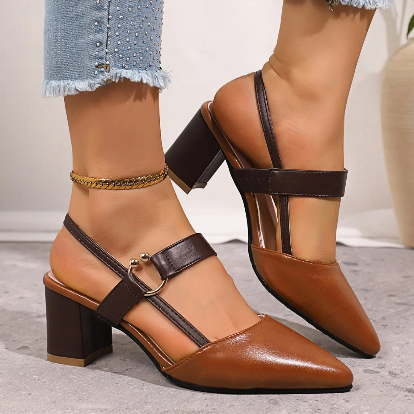 Women Sandals Fashion Solid Color Slingback Shoes Women Outdoor Designer Shoes Pointed Toe High Heels Sandals Zapatos De Mujer