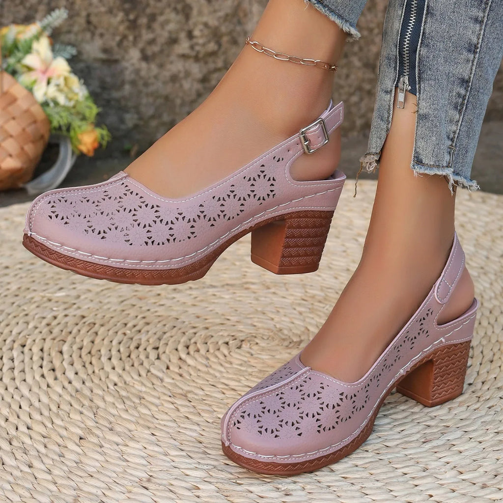 Women Sandals Retro Comfortable New Summer Shoes for Women Thick Heeled Fish Mouth Middle Heeled Fashion Hollow Sandals Women