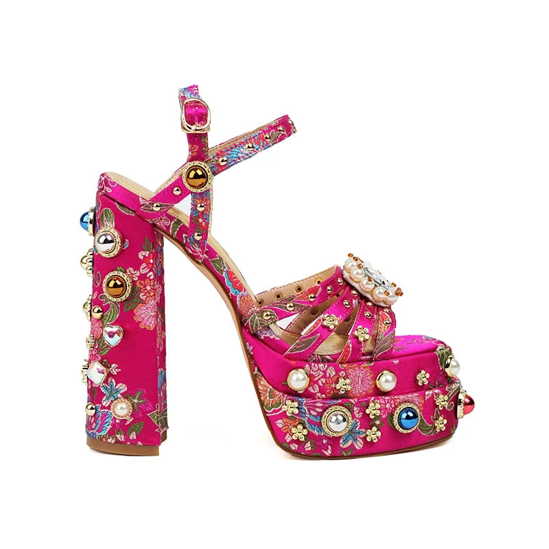 Women's New Summer Sandals Waterproof Platform Thick Bottom Water Diamond Pearl Rivet Flower Satin Open Toe High Heel Large