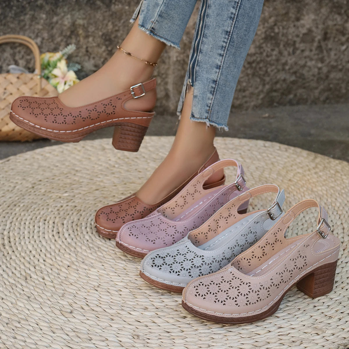 Women Sandals Retro Comfortable New Summer Shoes for Women Thick Heeled Fish Mouth Middle Heeled Fashion Hollow Sandals Women