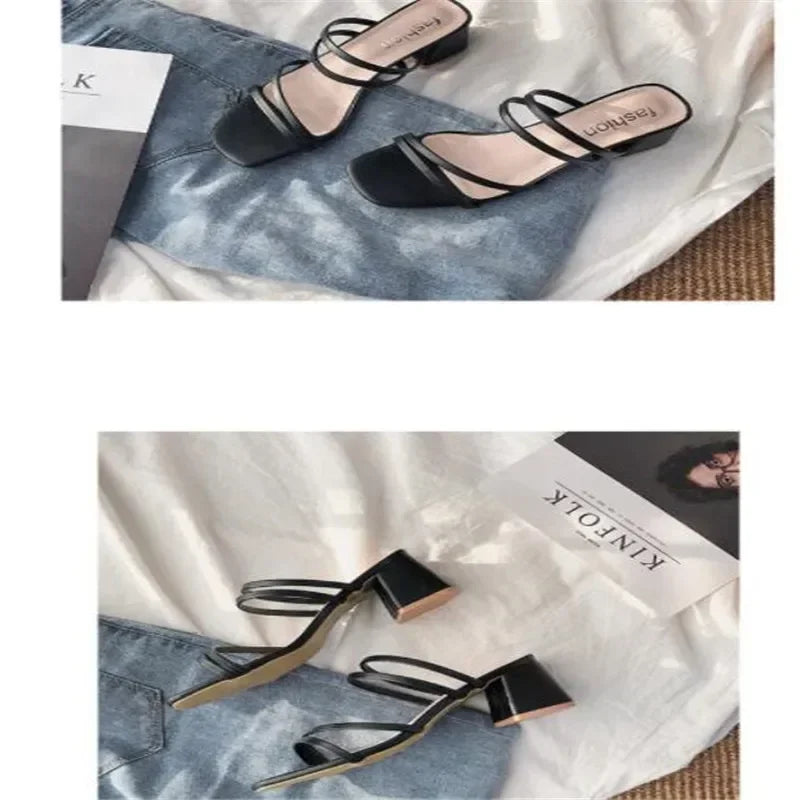 Women Sandals Ladies Square Heels Elegant Summer Slippers Outside Cross Tied Leather Female Slides 2024 Fashion Woman Sandals