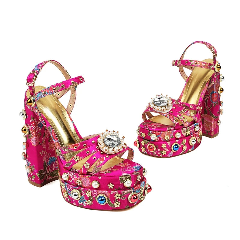 Women's New Summer Sandals Waterproof Platform Thick Bottom Water Diamond Pearl Rivet Flower Satin Open Toe High Heel Large