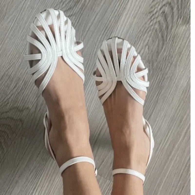 Sandals for Women Summer 2025 Flat Sandals Fish Mouth Ankle Buckle Hollowed Out Women Roman Sandals Plus Size 42 43 Ladies Shoes
