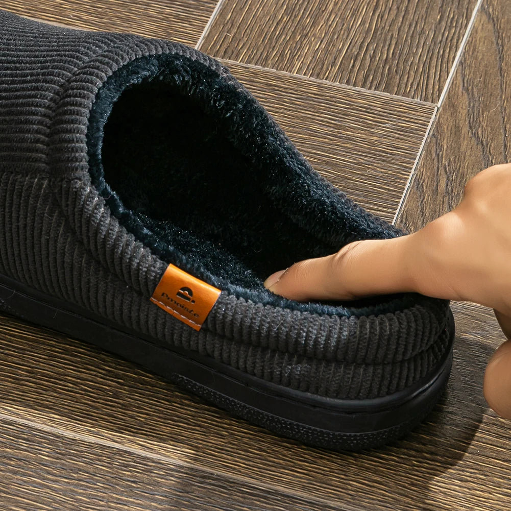 Warm Slippers for Men TPR Sole Memory Foam Soft Cushion Non Slip Stripe Design Comfortable Corduroy House Shoes
