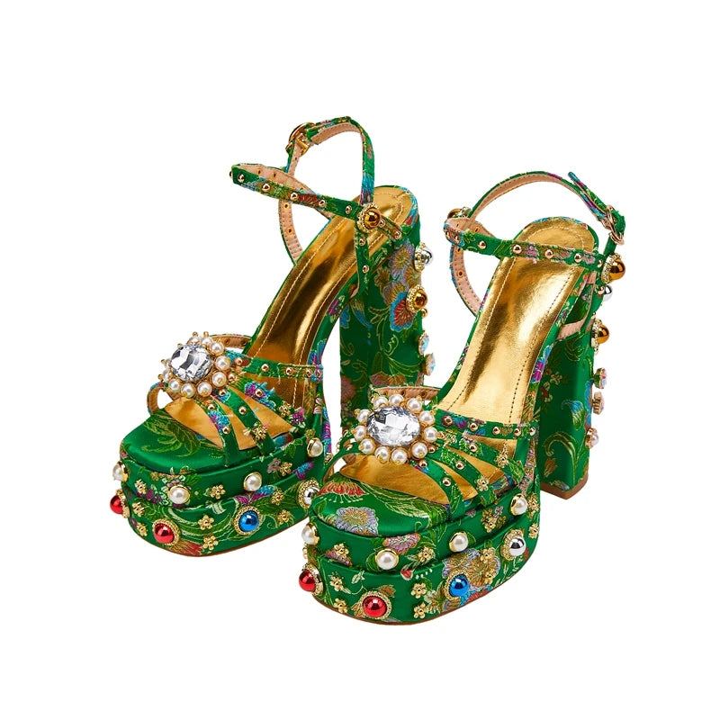 Women's New Summer Sandals Waterproof Platform Thick Bottom Water Diamond Pearl Rivet Flower Satin Open Toe High Heel Large