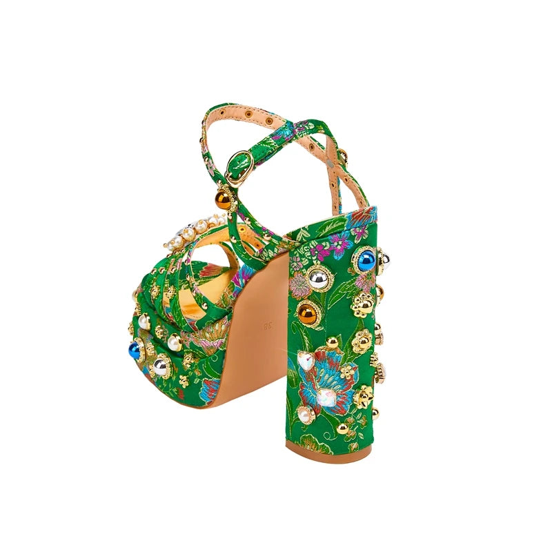 Women's New Summer Sandals Waterproof Platform Thick Bottom Water Diamond Pearl Rivet Flower Satin Open Toe High Heel Large