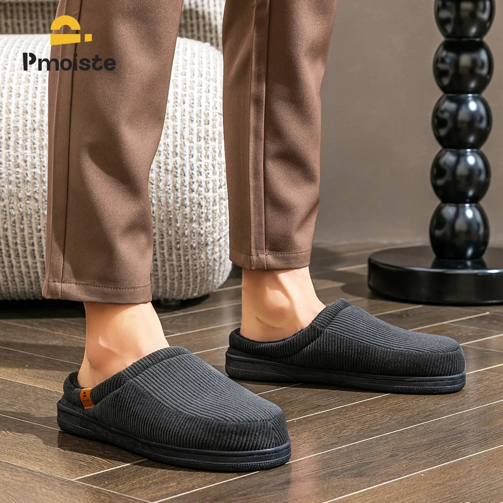 Warm Slippers for Men TPR Sole Memory Foam Soft Cushion Non Slip Stripe Design Comfortable Corduroy House Shoes