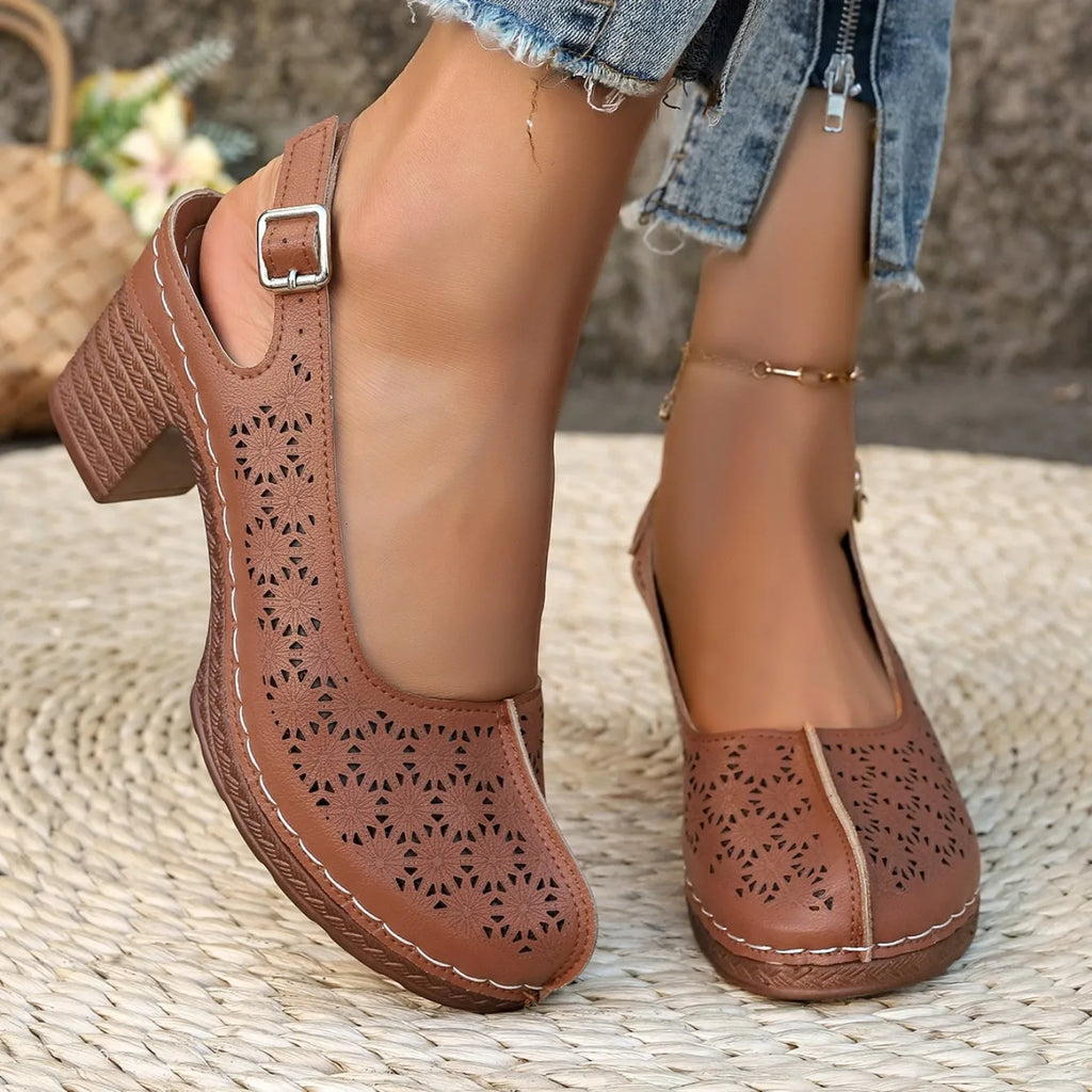 Women Sandals Retro Comfortable New Summer Shoes for Women Thick Heeled Fish Mouth Middle Heeled Fashion Hollow Sandals Women
