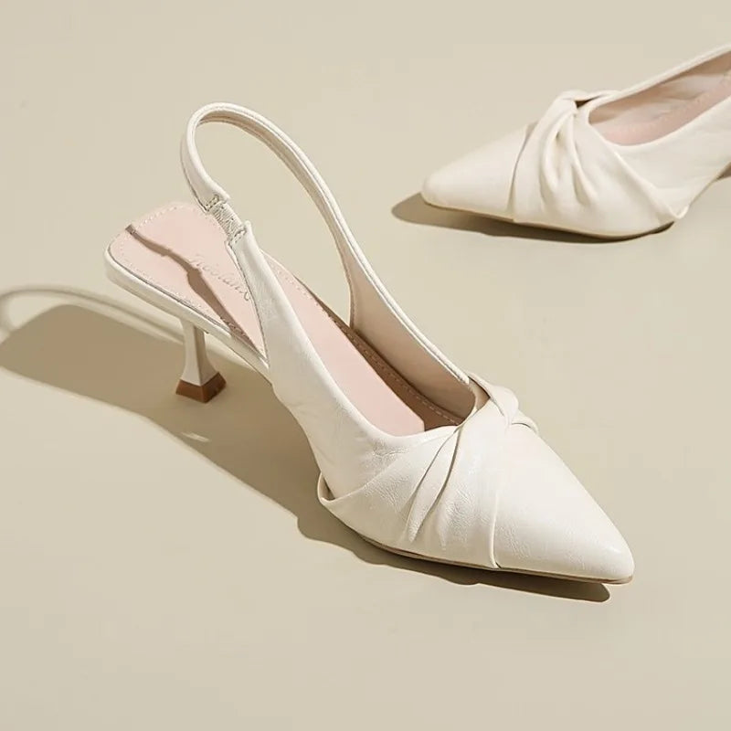 Sandals Girl 2024 Summer Niche French Fairy Style Dress with Medium Heeled Pointed Toe Bun White Thin Heeled High Heels