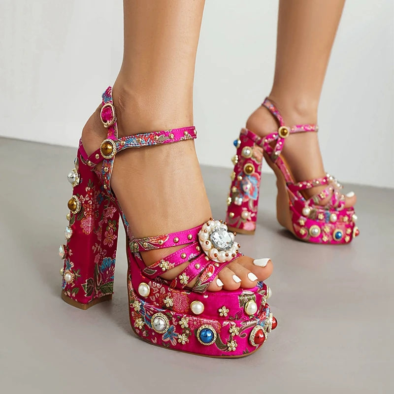 Women's New Summer Sandals Waterproof Platform Thick Bottom Water Diamond Pearl Rivet Flower Satin Open Toe High Heel Large
