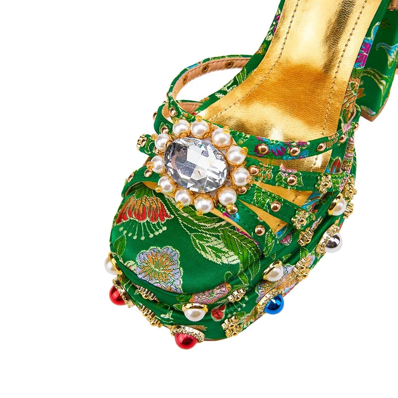 Women's New Summer Sandals Waterproof Platform Thick Bottom Water Diamond Pearl Rivet Flower Satin Open Toe High Heel Large