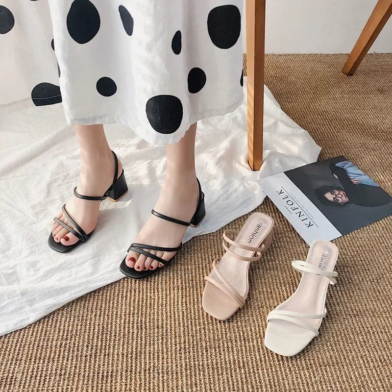 Women Sandals Ladies Square Heels Elegant Summer Slippers Outside Cross Tied Leather Female Slides 2024 Fashion Woman Sandals